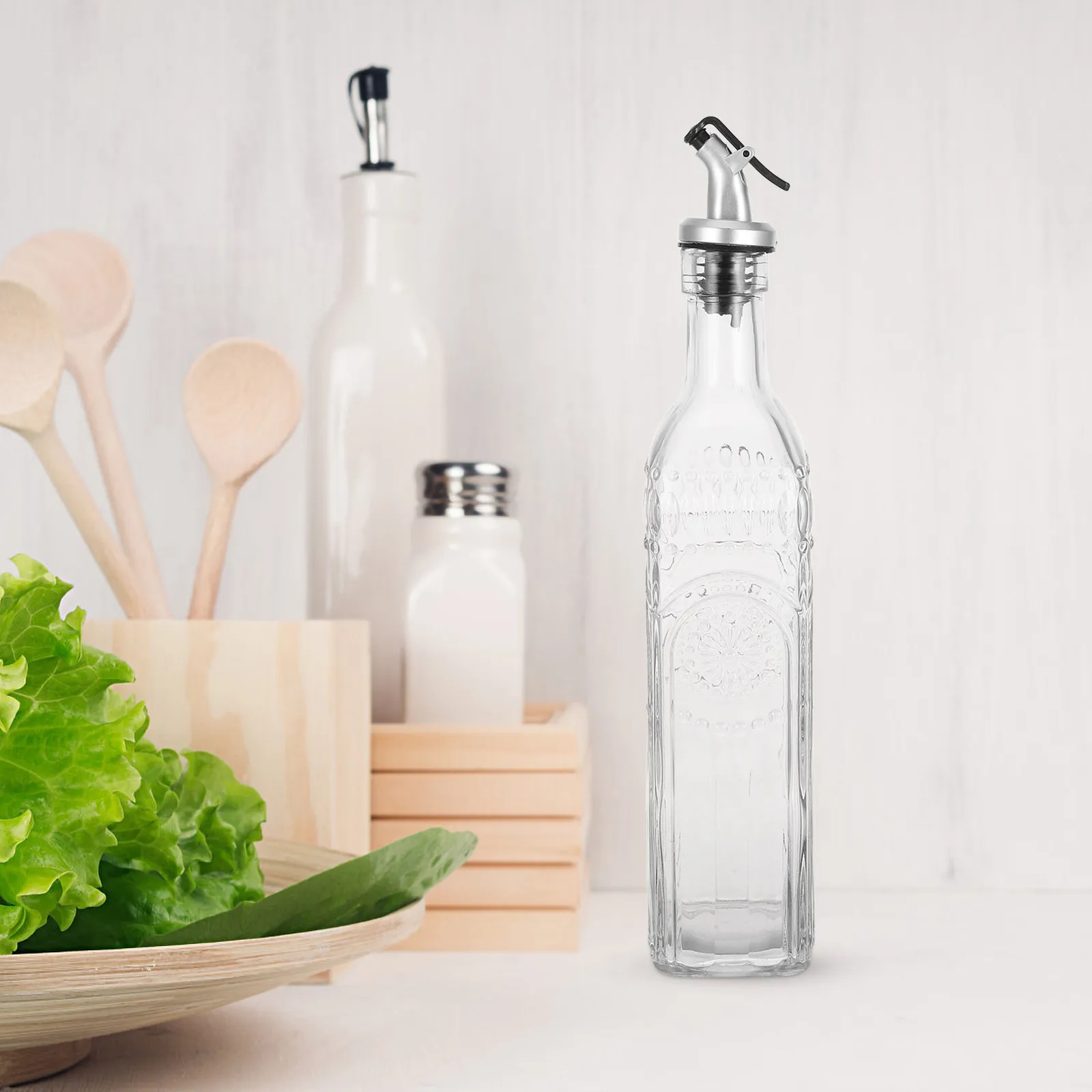 Artisan Glass Oil Dispenser Bottle Featuring Floral Etching Auto-Open Close Spout for Drip-Free Olive Oil Vinegar Soy Sauce