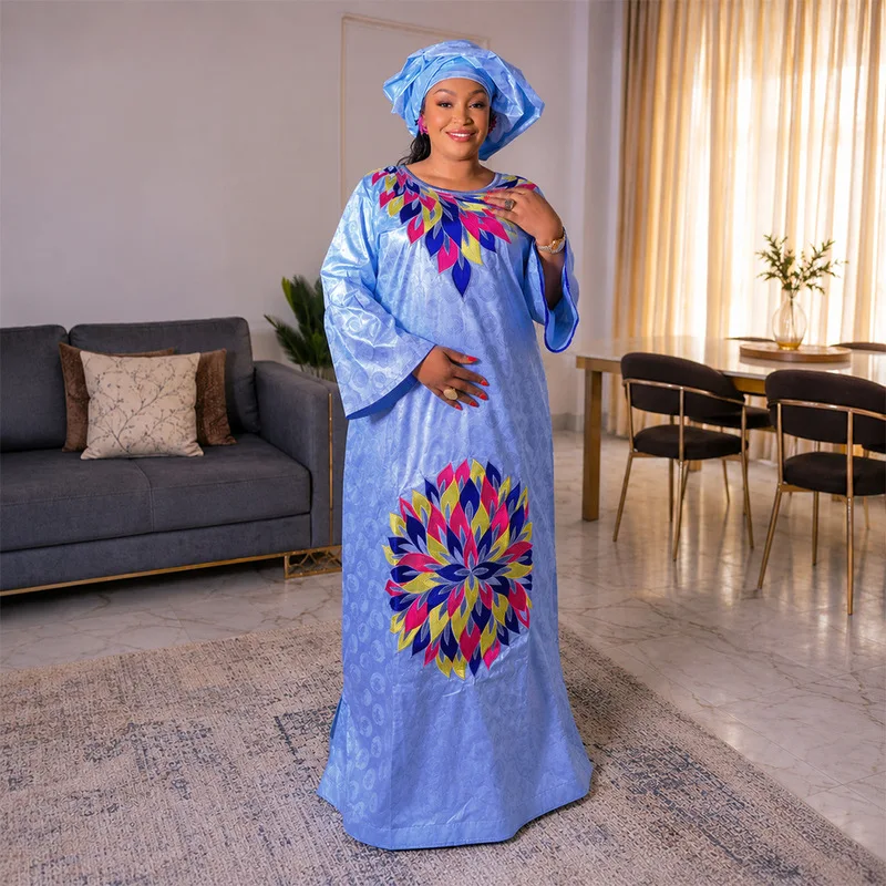 African Embroidered Long Dress Sequin Evening Gown Wedding Party Dresses 2026 Women's Plus Size Dress Headscarf African Clothes
