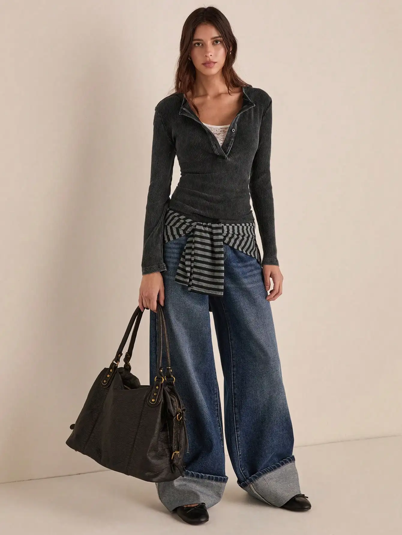 

Женский черно-серый трикотажный топ с ребристой вязкой, на пуговицах, с длинными рукавами, повседневный стиль