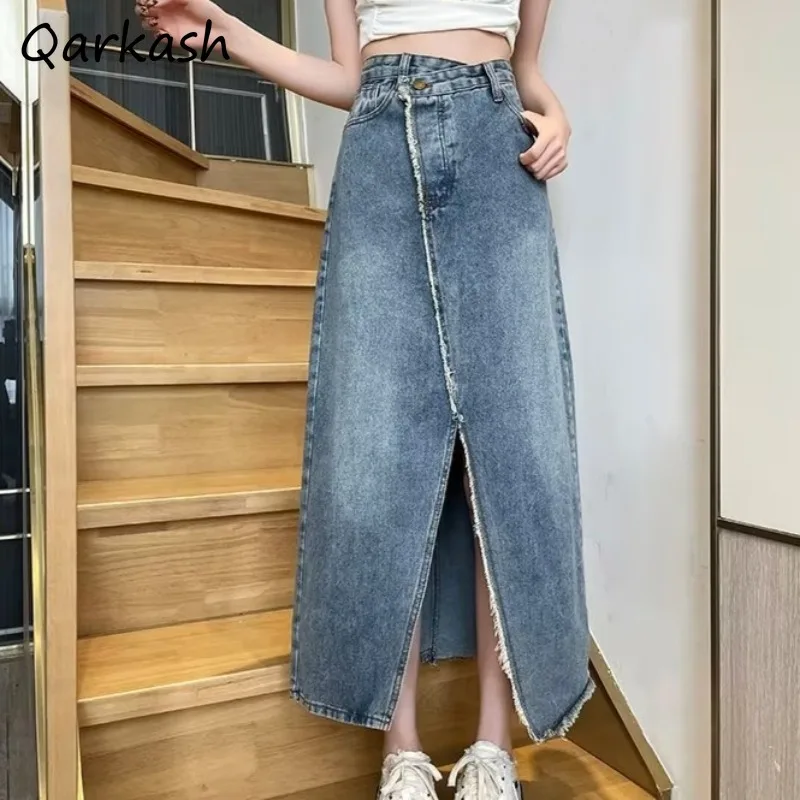 

Denim Midi Skirts Women Slit Designed Raw Edge High Waist Irregular A-line Temperament All-match Aesthetic Streetwear Fashion