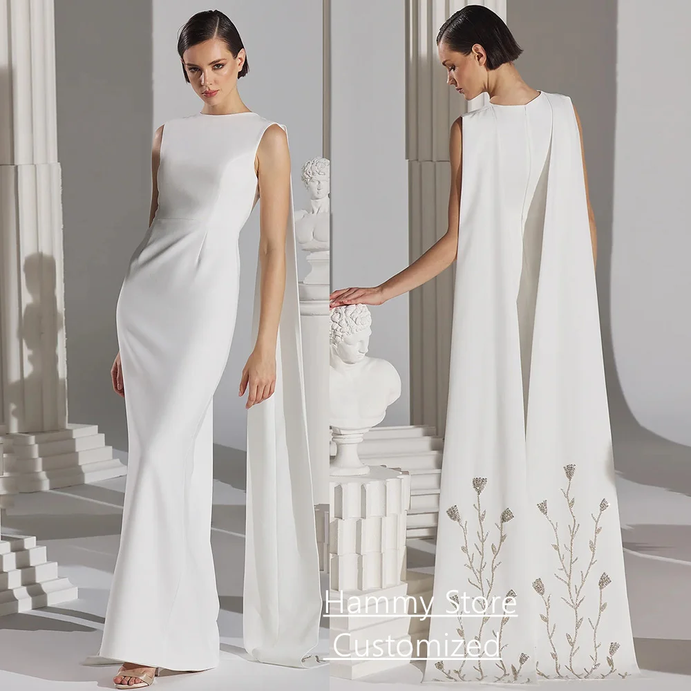 

Ivory Mermaid Evening Dress Customized Round Neck Sleeveless Arabian Prom Gown with Beading Cape Wedding Party Dresses
