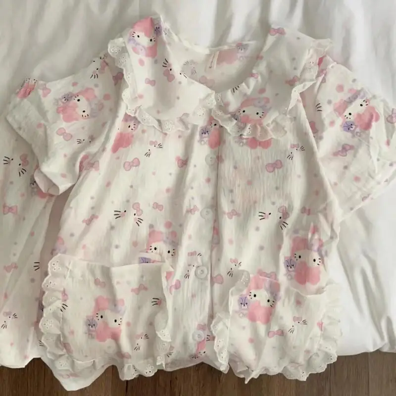 

Sanrio Hello Kitty Short Sleeve Pajama Set Cartoon Women Students Summer Dormitory Home Lace Trim New Outdoor Wearable Nightwear