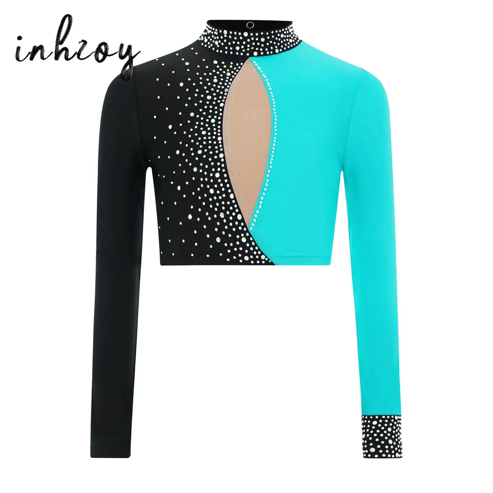 

Kids Girls Gymnastics Ballet Dance Top Figure Skating Costume Long Sleeve Keyhole Back Color Block Shiny Rhinestones Crop Top