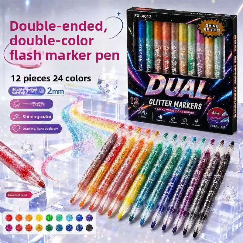 Dual‑Tip Two‑Color Glitter Flash Markers Pen Kids Drawing Graffiti Pens Hand Account Highlighters Double Head Art Marker Set