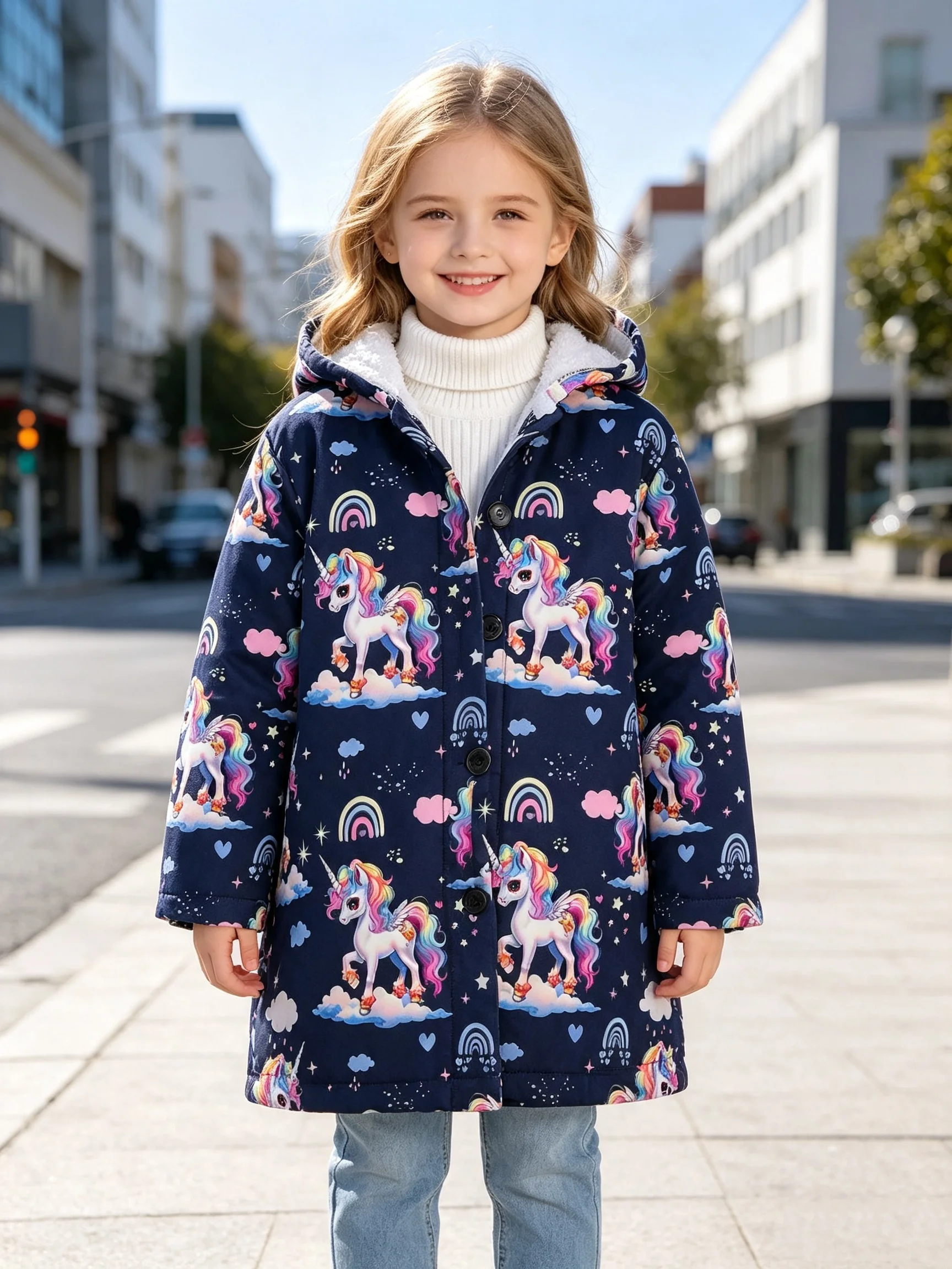 Herbst/Winter Mädchen Traumhafter Einhorn-Prinzessinnenmantel mit Marineblauem Regenbogen-Print und Plüsch-Kapuze, Mittellanger Warmer Mantel