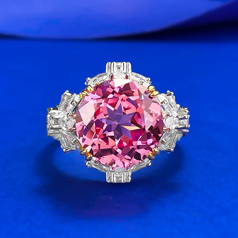 

18K Gold Plated 925 Sterling Silver 11 MM Padparadscha High Carbon Diamond Ring Fine Jewelry for Women Anniversary Gifts