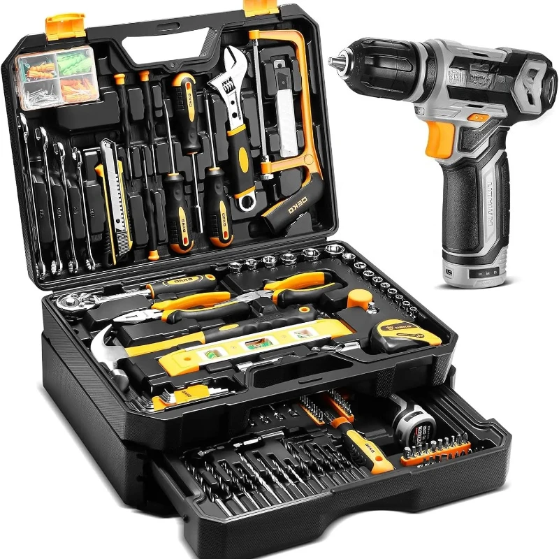 Home Mechanic Toolbox with 12V Power Cordless Drill Hand Repair Tools Sets Combo Kits Storage Organizer Drawer Case
