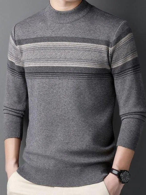 

Утепленный вязаный свитер для мужчин: повседневный зимний полосатый теплый свитер с высоким воротником, для среднего возраста, с длинным рукавом, стандартный крой, шерстяной.