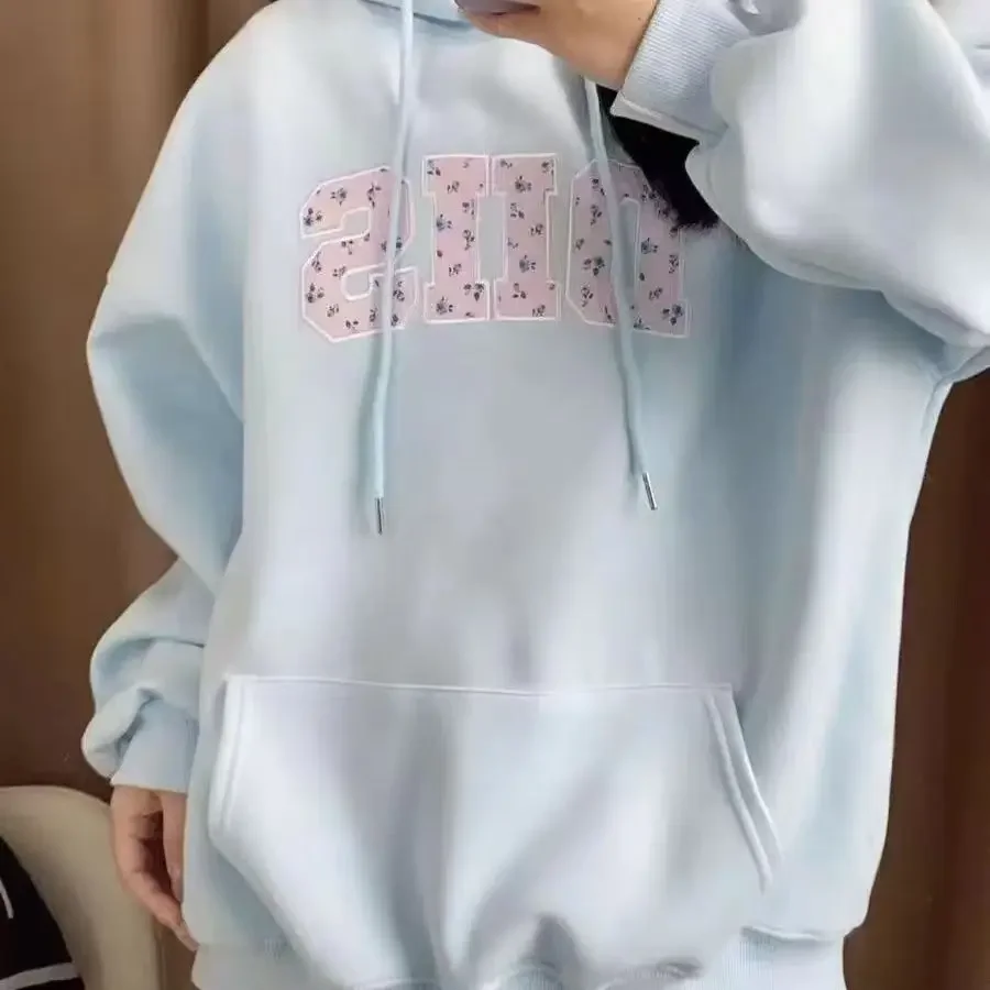Pink Floral Letter Embroidery Drawstring Hooded Velvet Hoodie Women Sweatshirt Long Sleeve Korean Casual Winter Clothes Women