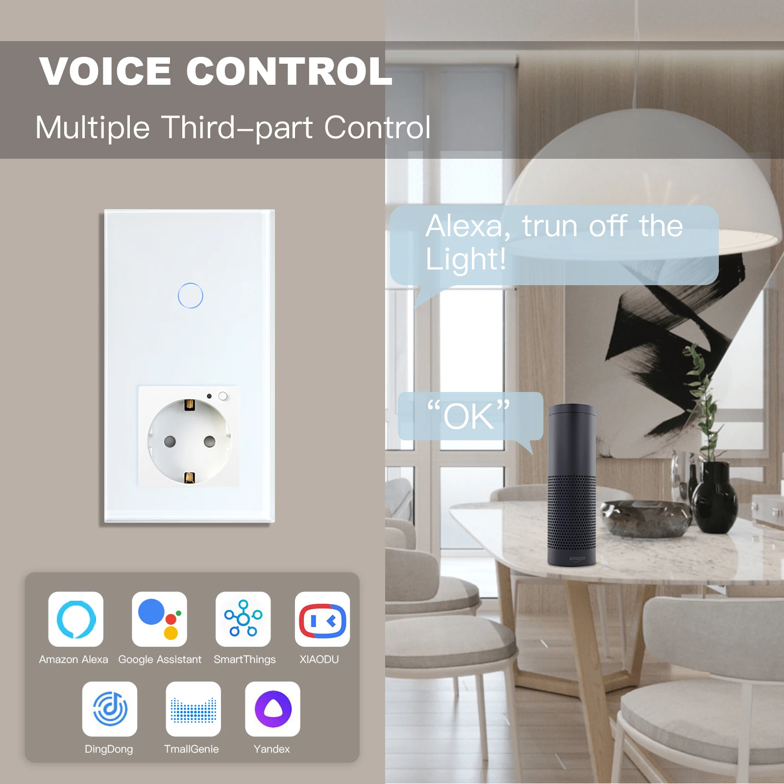 WIFI Touch Light Switch 1/2/3Gang 1/2/3way Smart Wall Socket Google Alexa Smart Life APP Touch Screen Switch EU Socket White