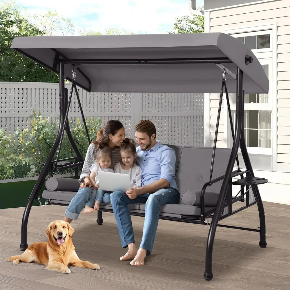 

Patio Porch Swings with Adjustable Canopy - 3 Seat Outdoor Porch Swing Glider Bench with Stand, Heavy Duty Swing Bed W/Cushions
