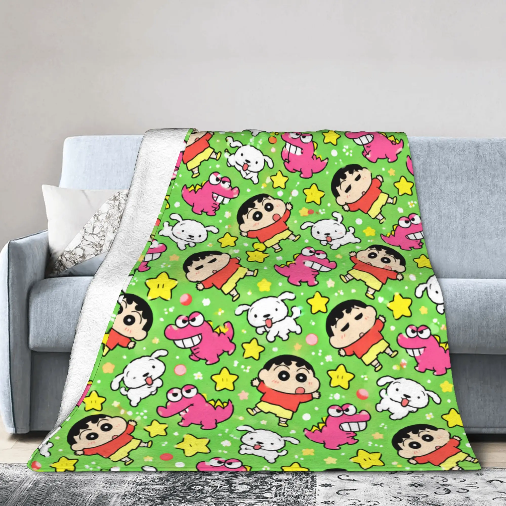 Soft Warm Blanket Students Camping Crayon Shin-chans Green Pattern Bedding Throws  Flannel Bedspread For Living Room Bed Cover