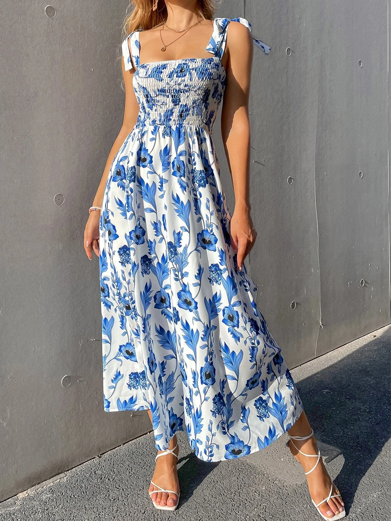 【Romance elegante】Vestido espartilho floral com alças atadas e corpete franzido, vestido bodycon para convidados de festa para casamento, data noturna