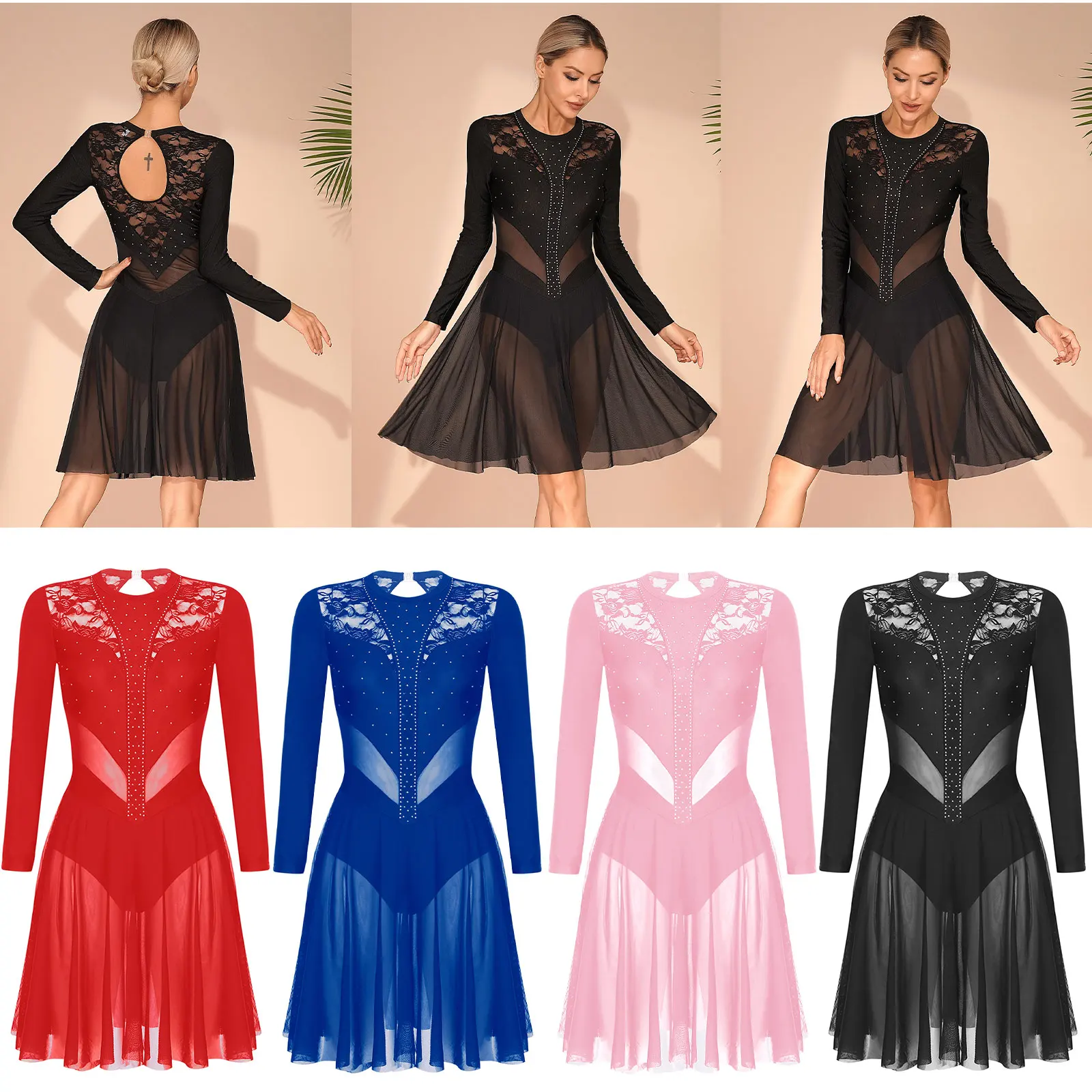 Women Floral Lace Ballet Tutu Dress Leotard Dancewear Lyrical Modern Contemporary Dance Costumes Performance Ballroom Dress