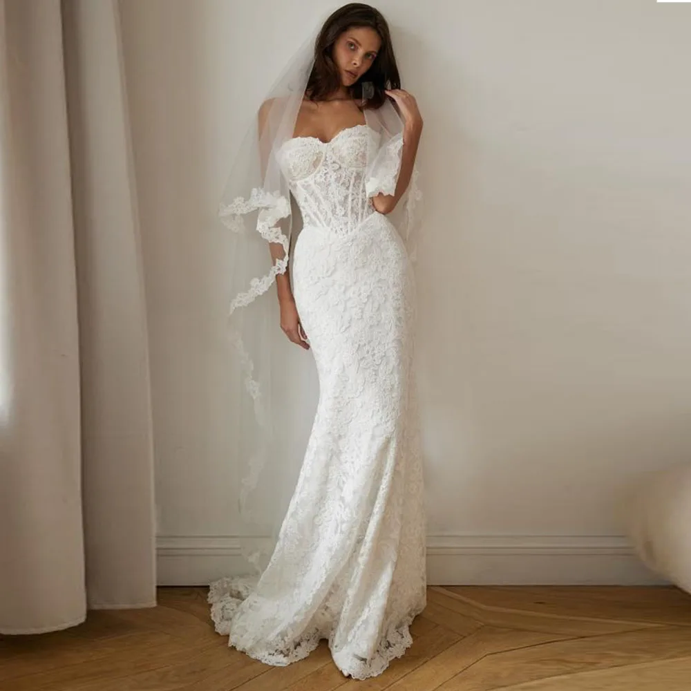 knit lace wedding dress Sweetheart Mermaid Corset with Lace Trim Train Elegant Bridal Gown Vintage Wedding Customized modern knitted wedding dress