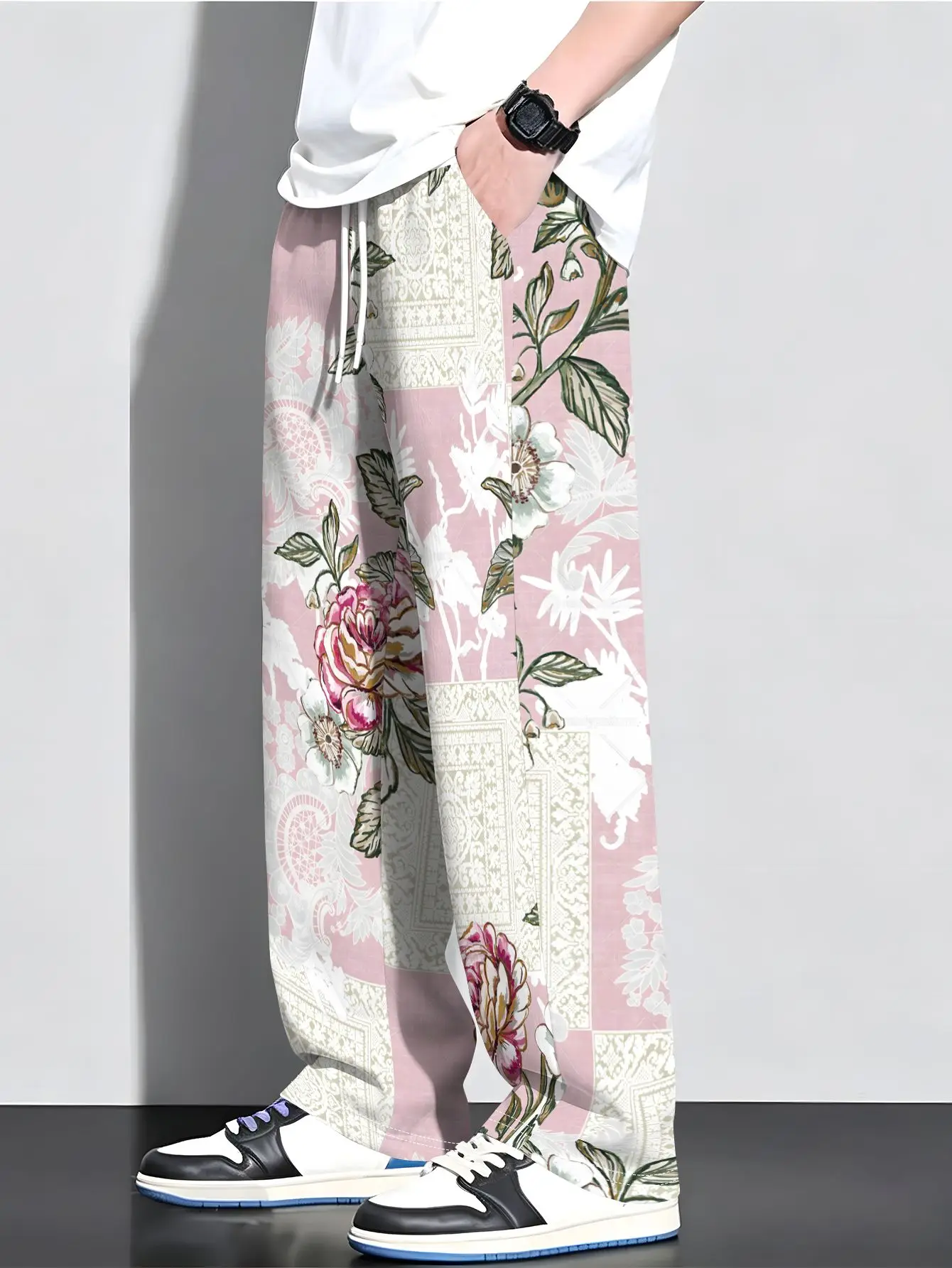 Pink and White Vintage Floral Print Men's Straight-Leg Trousers