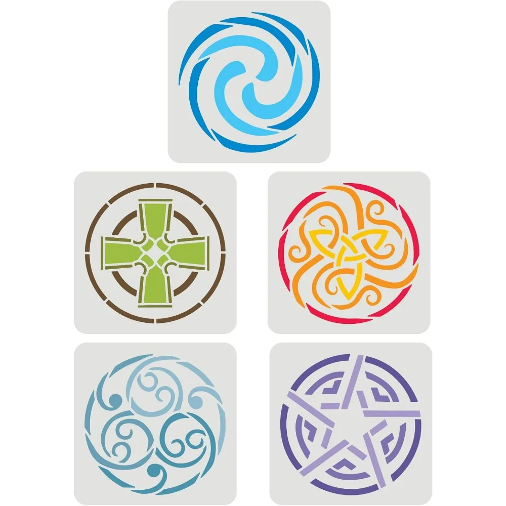 5 pcs Celtic Stencil 5.9x5.9 inch Reusable Viking Celtic Knot Stencil Air Water Earth Fire Spirit Viking Symbol Stencil DIY