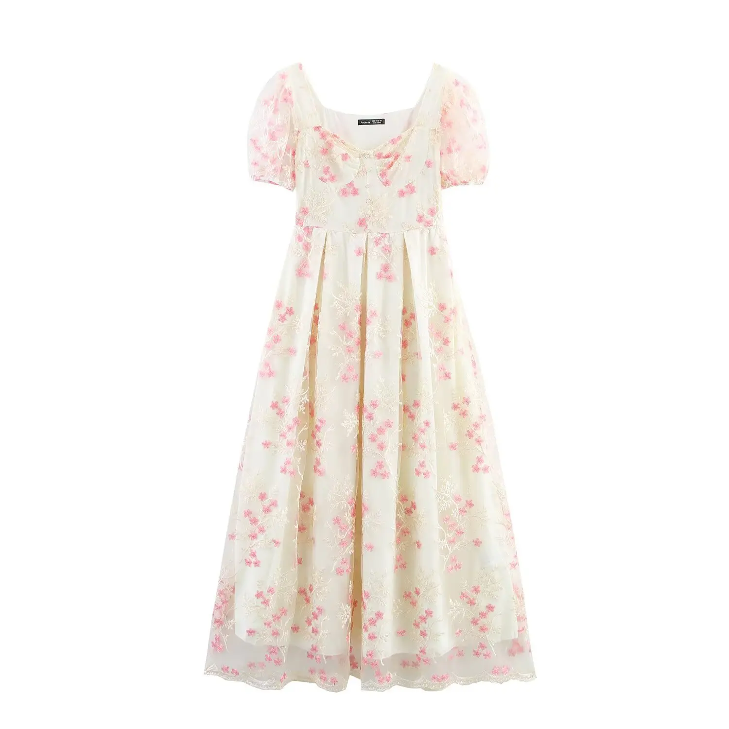 

2025 Bohemian Style Summer Women's Long Dress Mesh Embroidery V-neck Puff Sleeve Elegant Dress Casual Seaside Beach Vestidos