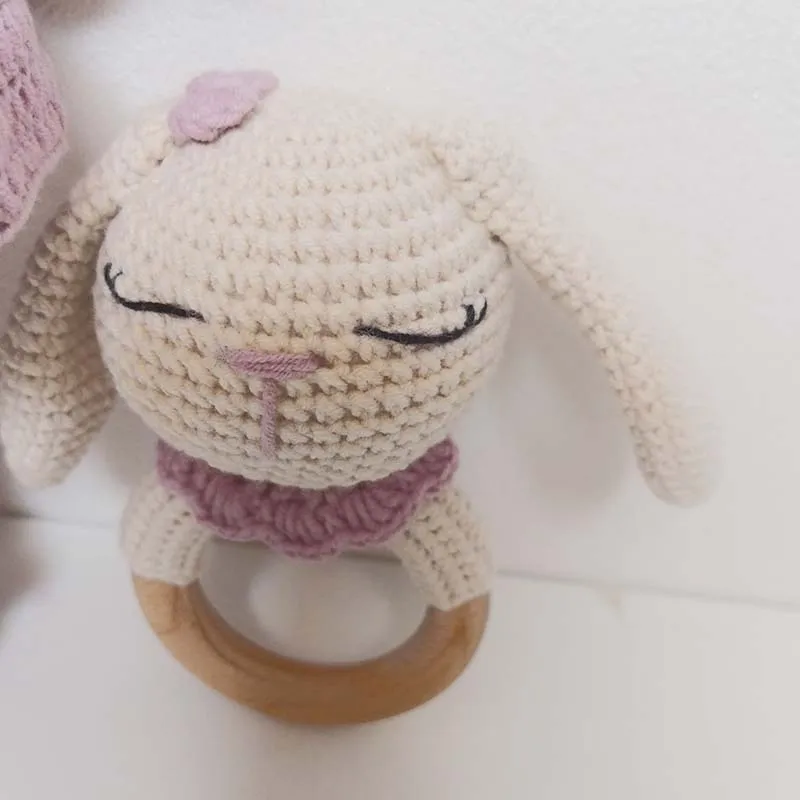 Crochet Lop-Eared Rabbit Baby Teether Kawaii Knitted Bunny Stuffed Animal Doll Beech Wood Pacifier Clip Baby Amigurumis