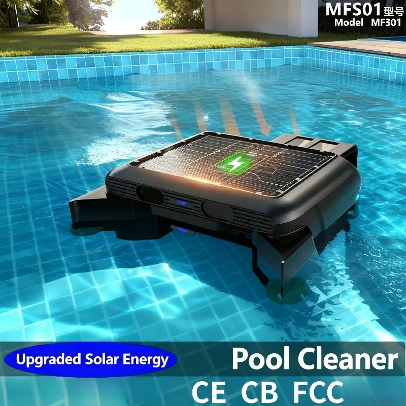 Nueva Limpiadora de Piscinas MFS01, Limpiador Automático de Superficie de Agua Inalámbrico con Energía Solar para el Hogar y Recogehojas