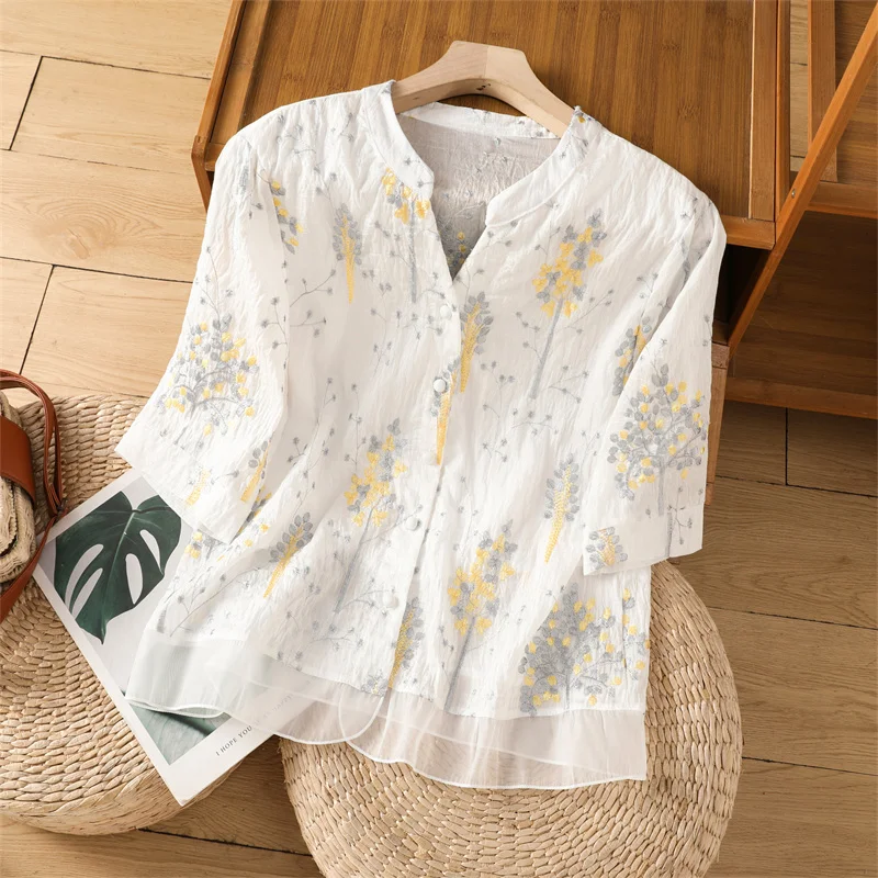Camisa informal de verano para mujer, blusas informales holgadas Vintage con bordado de flores, camisetas básicas de estilo chino, camisa blanca