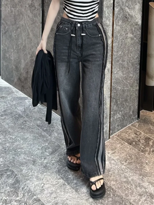 

Women's Retro Waed Patchwork Denim Jeans Side Color Blo Dstring Waist Loose Straight Leg Long Pants Street Sle