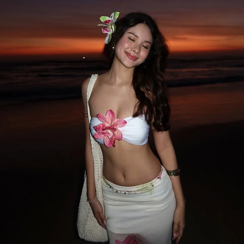 Sexy Print ter Ne High Waist  Skirt Set Street Sle Cross-Border Spring Summer New Arrival Wrap Chest PU Material