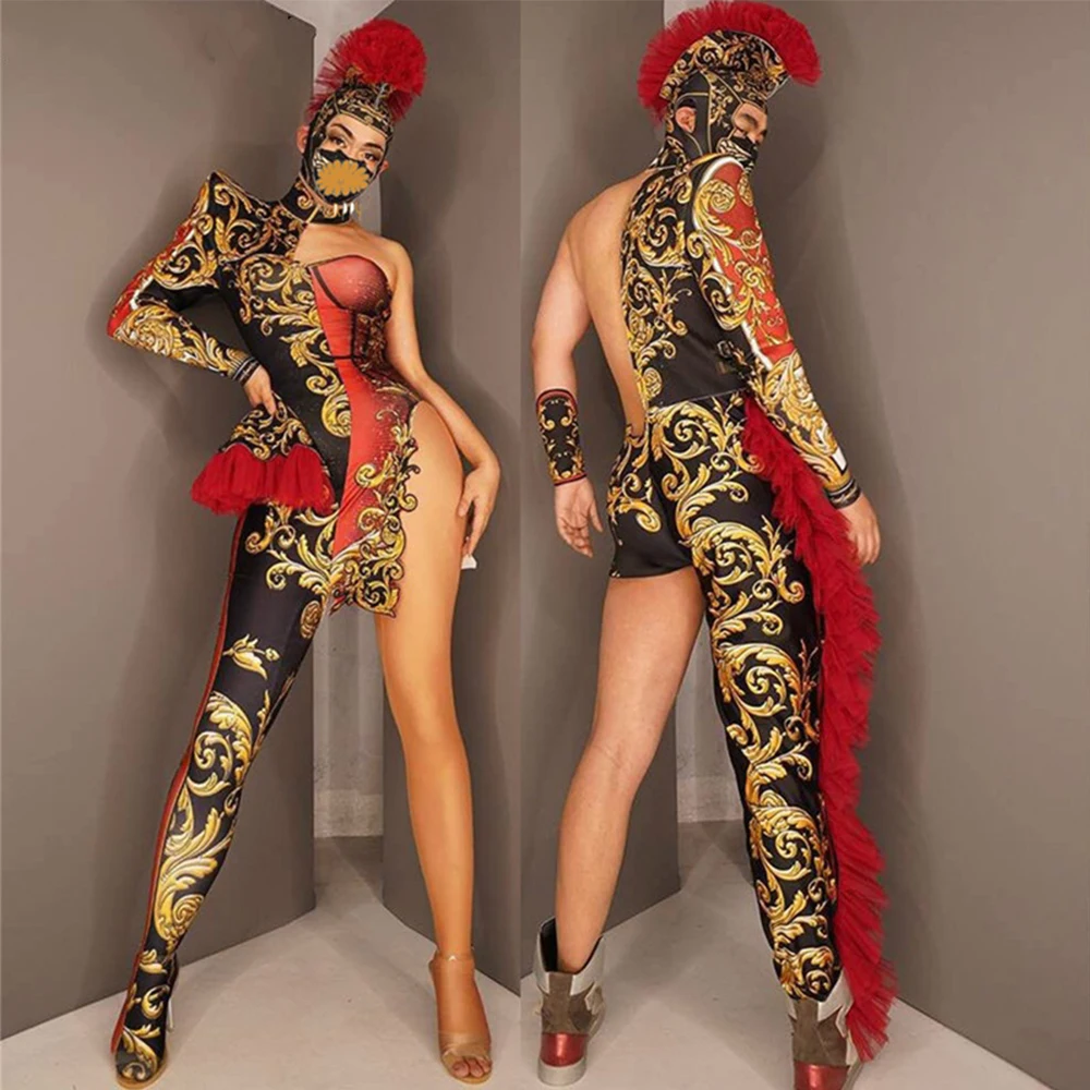 Fashion Floral Print Women Men Bodysuits Red Tassel Asymmetrical Jumpsuits DJ Singer Dance Stage Wear Role-Playing Costumes