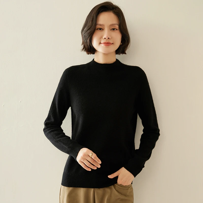 Autunno Inverno Nuove donne lavorate a maglia maglione di cashmere 100% colore puro collo mezzo alto camicia con fondo allentato pullover casual con bordo arrotolato