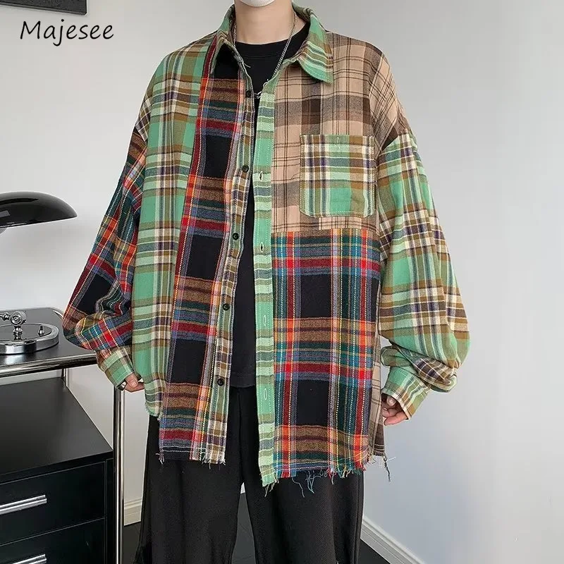 Shirts Men Summer Harajuku Long Sleeves Handsome All-match Generous Individual Loose Energetic Students Plaid American Style New