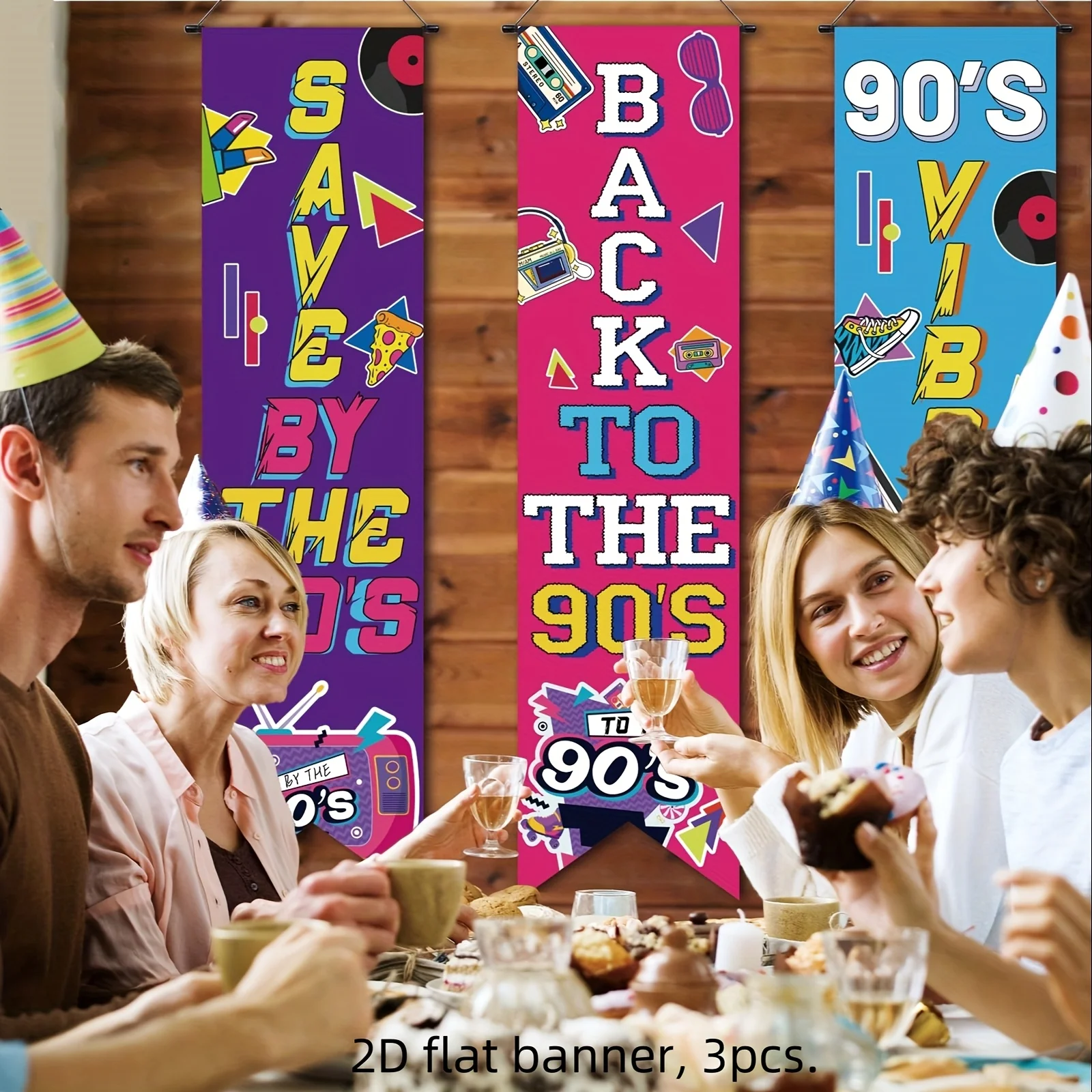 2D Flat 3Pcs Back To 90s Banner, I Love 90s Retro Music/HipHop/Rock Disco Party Porch & Wall Hanging Decor
