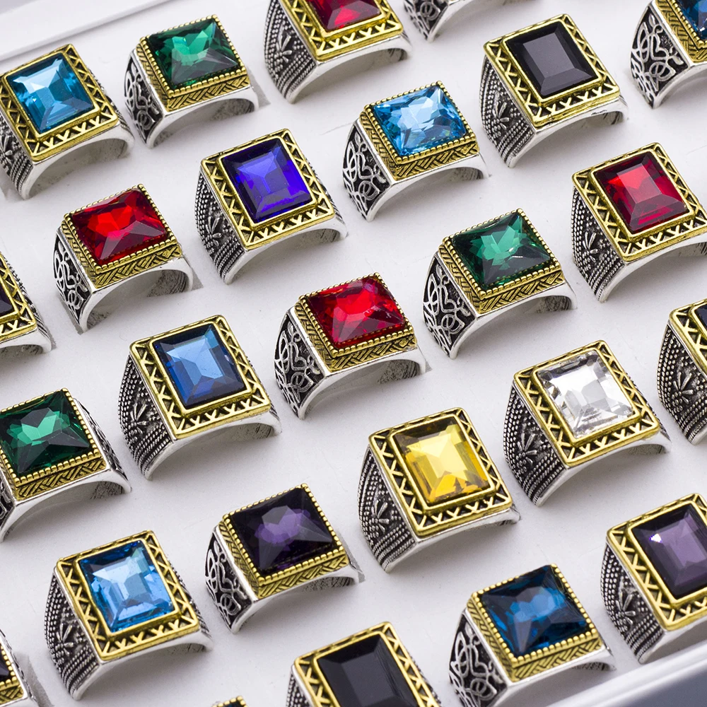 20Pcs/Lot Double Color Vintage Glass Crystal Bohemia Square Acrylic Rings for Women Men Mix Lover Jewelry Wholesale Party Gift