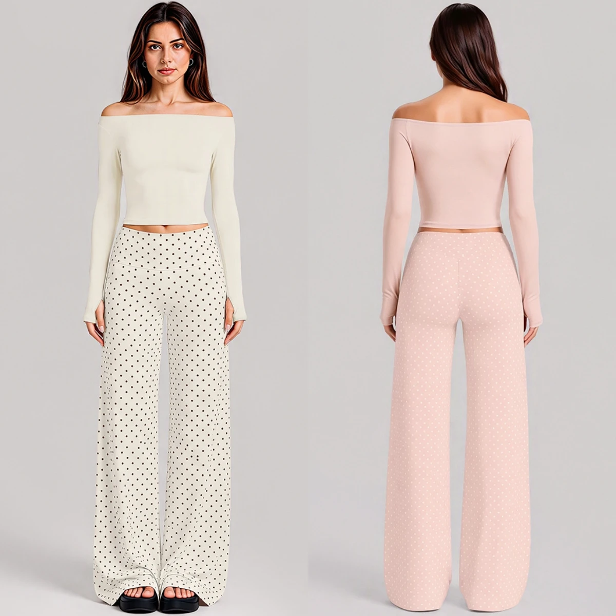 Women 2 Piece Yoga Set Off Shoulder Long Sleeve Crop Top Polka Dot High Waist Wide Leg Yoga Pants Gym Pilates Workout Casual Set