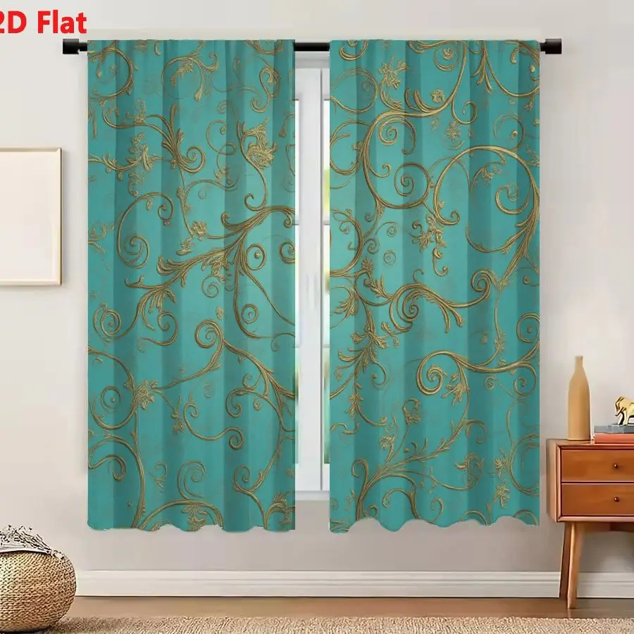 2Pcs Curtains 2D Flat Turquoise Background Seamless Ornate Pattern Golden Swirling Vines Floral Motifs Rococo-Inspired Decorativ
