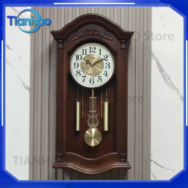Quartz Wall Clock for New Chinese Style Living Room Vintage Wooden Silent Clock with Chime Function Creative Home Decor