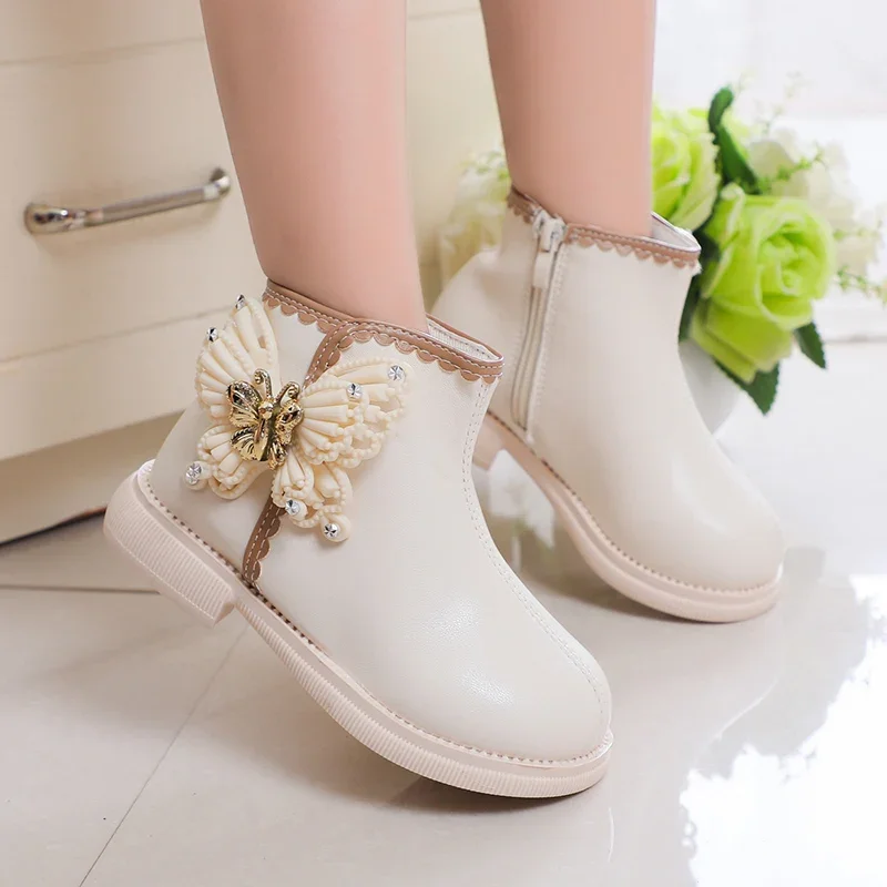 

2023 New Kids Fashion Butterfly Cute Elegant Girls Short Boots Elegant Chic Sweet Princess Versatile Casual Boots Round-toe PU