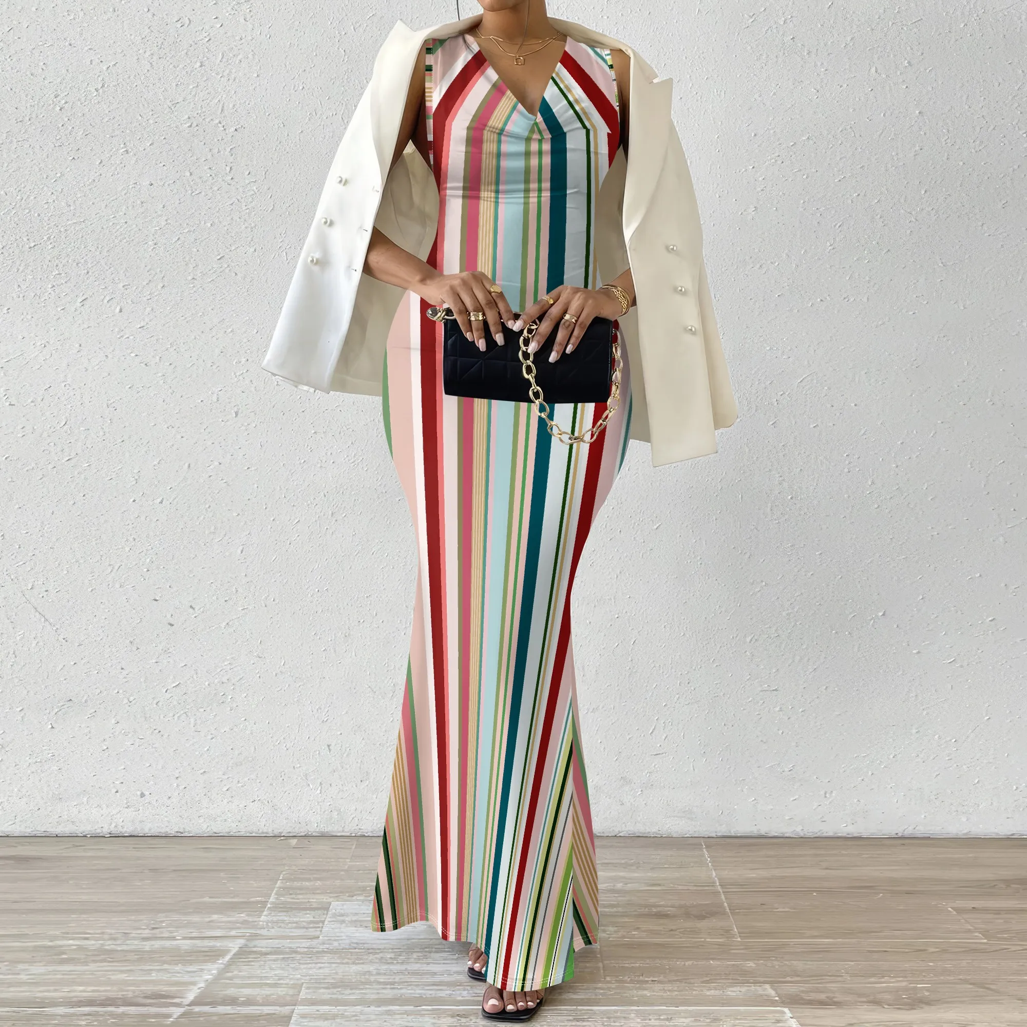 

Elegant Women's Striped Maxi Dress Sleeveless V Neck Bodycon Mermaid Long Dress XS-2XL Office Evening Party Formal Guest Dress