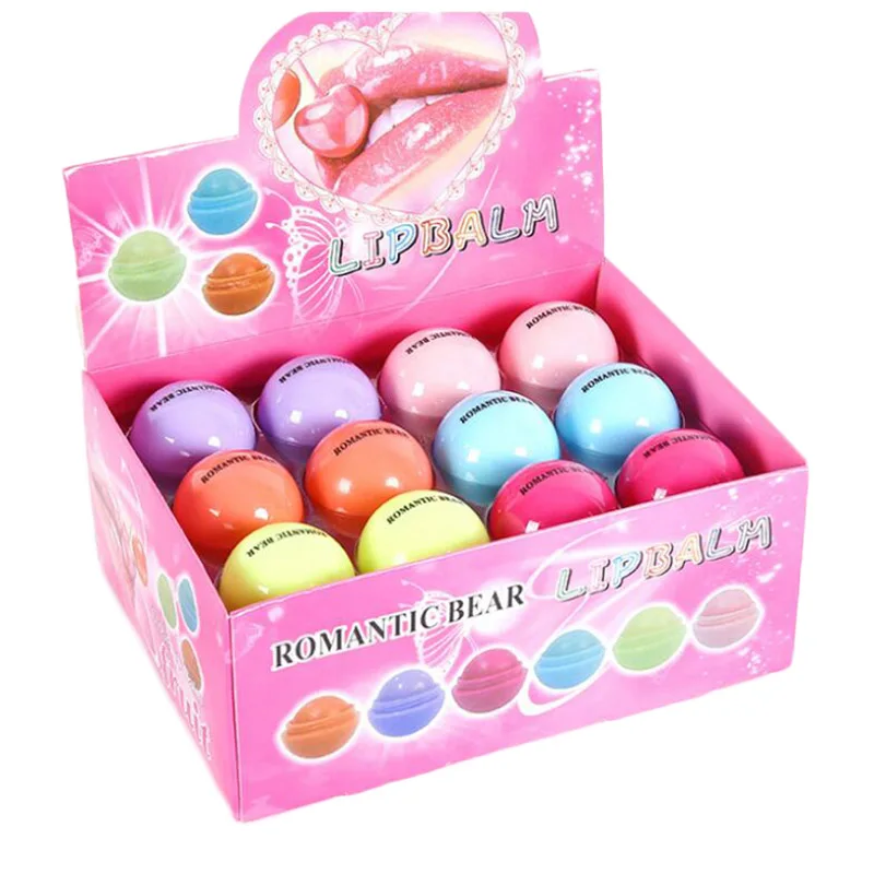 24Pcs Romantic Bear Round Ball Lip Balm Set Fruit Flavored Transparent Natural Moisturizing Lip Balm Girls Kids Lips Care Bulk