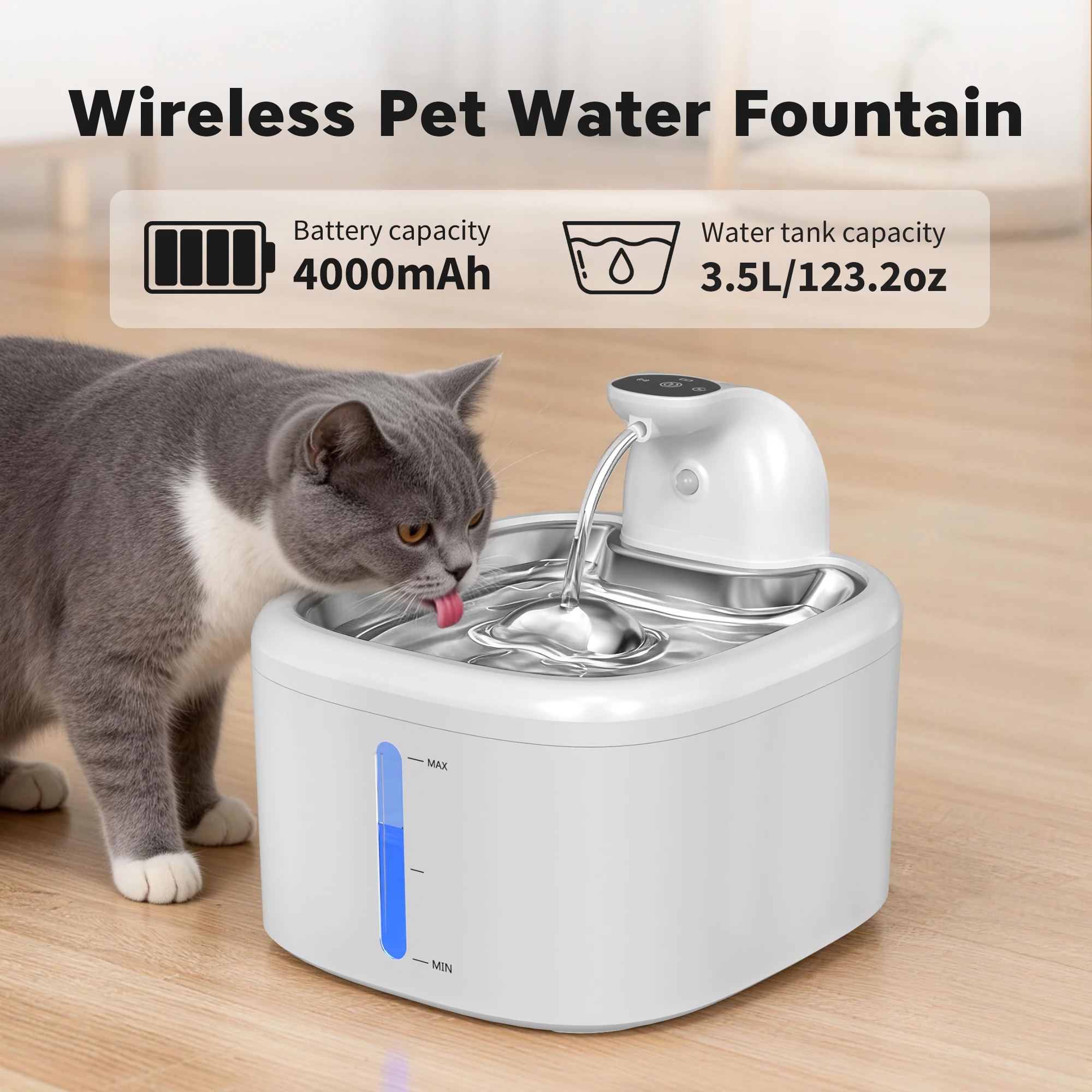 Bebedero Inalámbrico para Mascotas de 3.5L, Fuente de Agua para Gatos con Bandeja de Acero Inoxidable, Batería de 4000mAh, Dispensador de Agua con Sensor de Movimiento