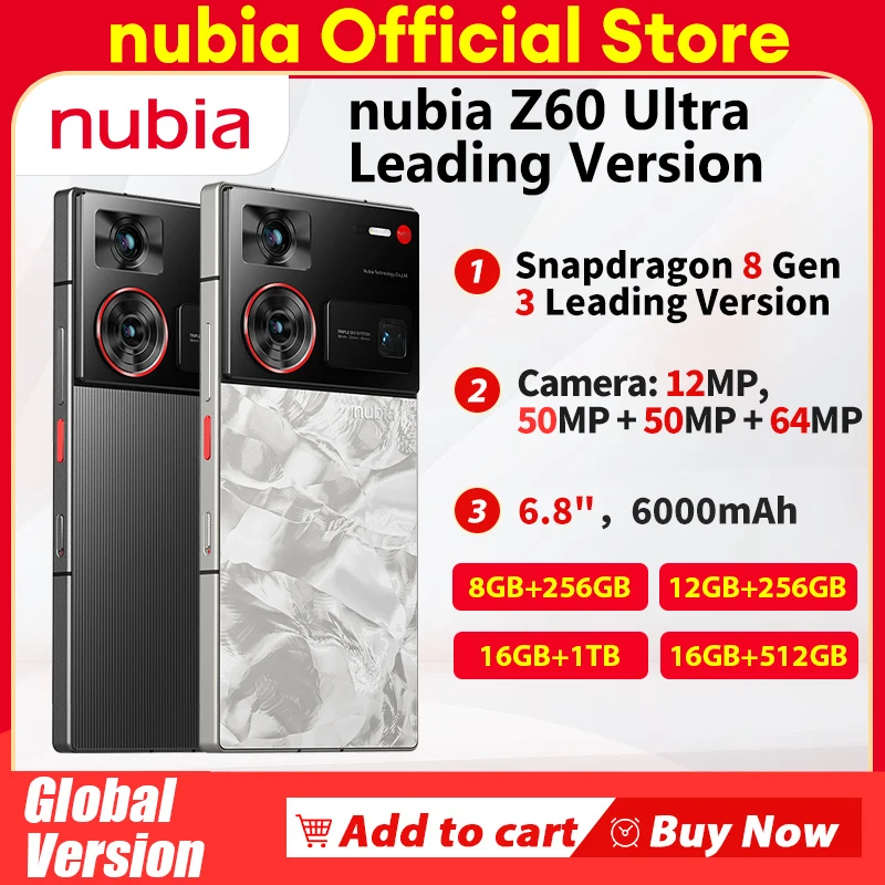 16G 512G Global Version Nubia Z60 Ultraชั้นนํารุ่นสมาร์ทโฟน 6.8 "5G Snapdragon 8 Gen 3 6000MAh 80W Fast Fullหน้าจอNfc