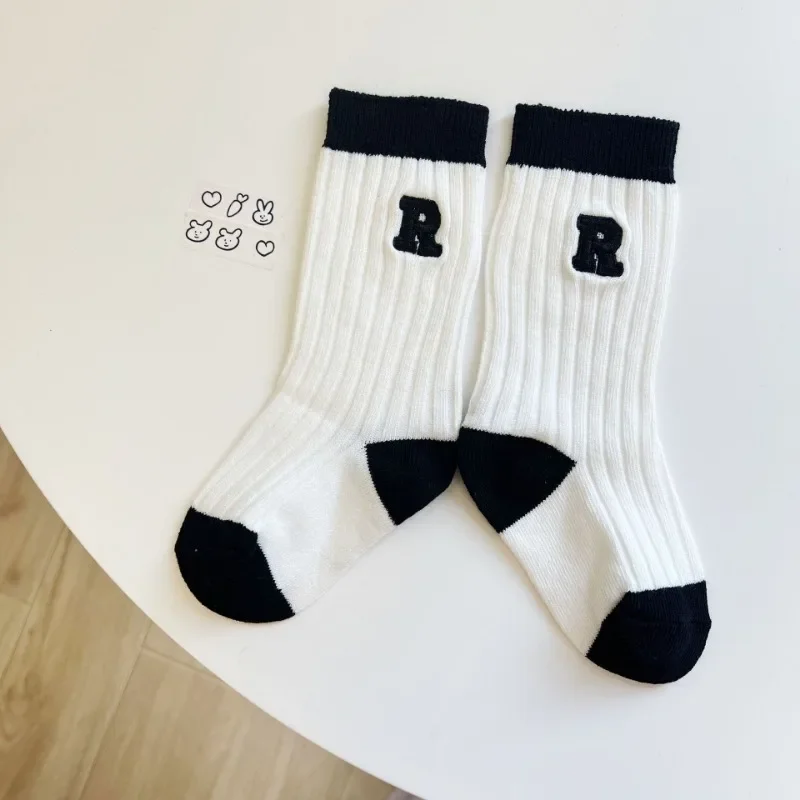 1 Pair Kids School Sock Simplicity Black White Solid Color Series Calf Sock for Toddler Boy Girl Spring Autumn Fashion Baby Sock