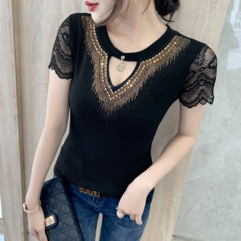 #7107 Sexy Women\'s T-shirt Hollow Out O-neck Spliced Lace Short Sleeve T-shirts Diamonds Korean Fashion Women\'s Tee Shirt Summer