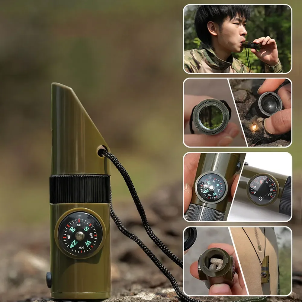 7 In 1 Jungle Survival Fluit Wandelen Fluit Kompas Spiegel Zaklamp Vergrootglas Led Licht Thermometer Opslag Kompas Tool