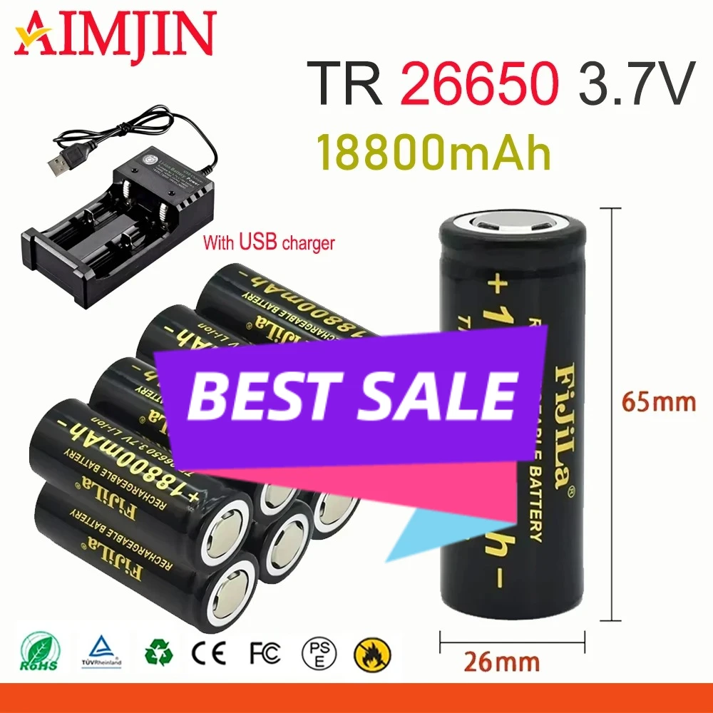

Rechargeable 26650 Battery 3.7V 18800mAh with USB Charger Suitable for LED Flashlight, Toys, Electric Tools and More