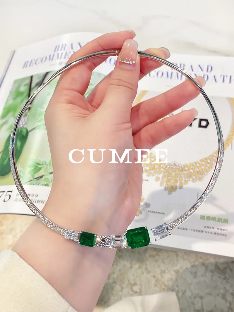 Cumee 925 Silver Cultivation Emerald Collar Necklace Open Round Chain Jewelry Statement Choker Necklace for Women Summer Beach