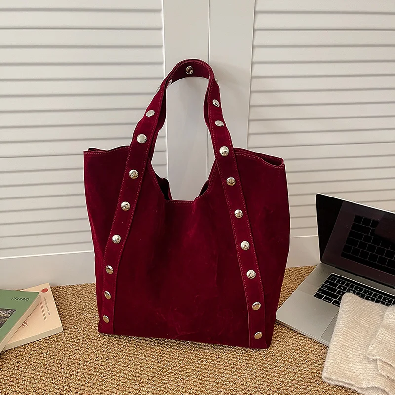 

Faux Suede Hasp Rivet Solid Color Shoulder Bags Waterproof Durable Handbags 2026 Autumn/winter Large Capacity Casual Tote