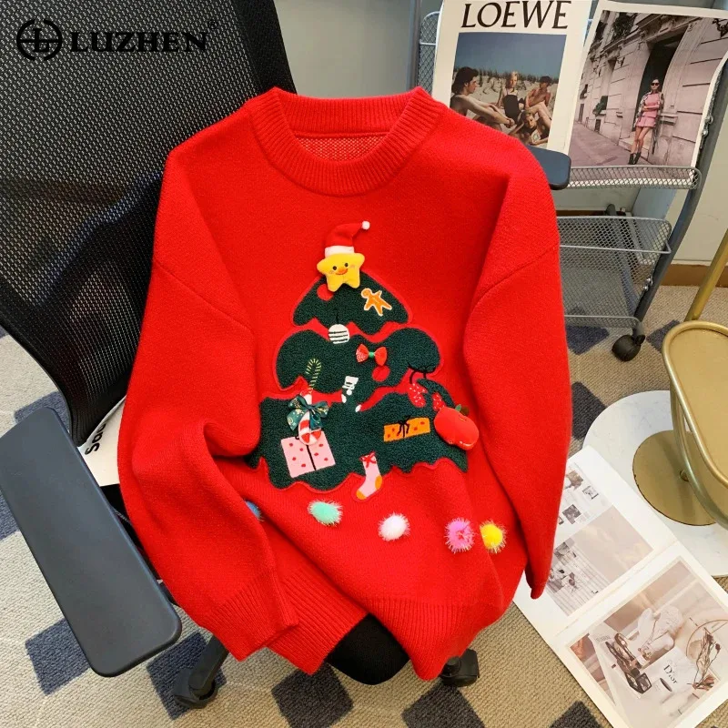 LUZHEN 2024 New Year Knitted Pullover Women Christmas Tree Pattern Patchwork Long Sleeve Round Neck Casual Loose Sweater AA2318