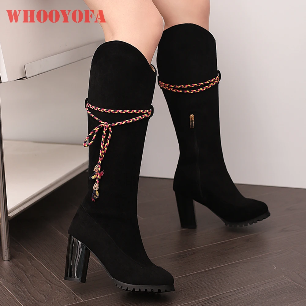 

Новые зимние удобные женские сапоги до колена черной розы на высоком блочном каблуке, женская обувь плюс маленький большой размер 12, 33, 42, 46 50