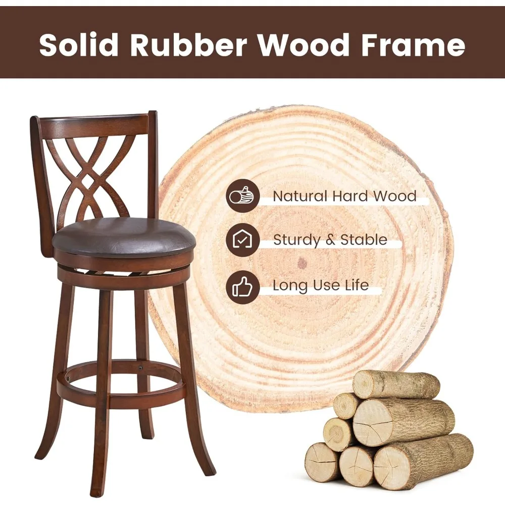 طقم كراسي بار، 2 360 ° كراسي دوارة بإطار خشبي مطاطي، ومقاعد مبطنة من جلد البولي يوريثان مقاس 30 بوصة ومساند للقدمين #4