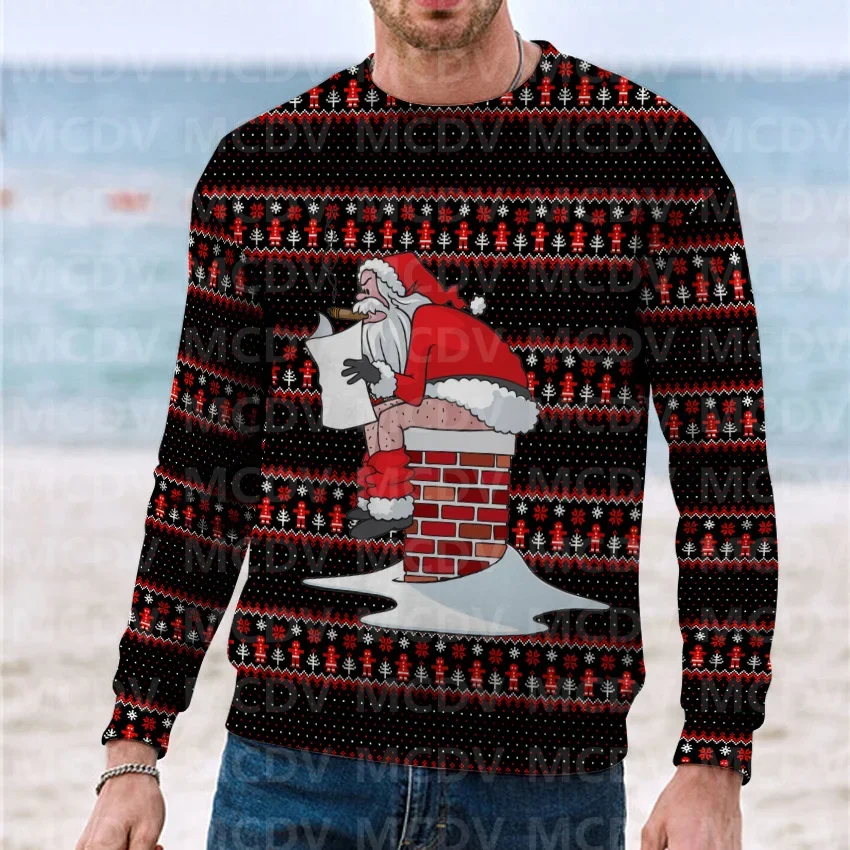 Christmas Sweater Elk and Santa Claus  Printed Casual Knit Sweatshirt Men's For Women's Pullover